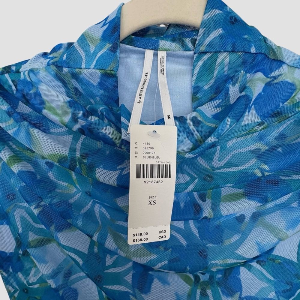 Anthropologie The Maya Ruched Cowl-Neck Dress Mesh Edition Blue Floral Dress - Picture 10 of 16